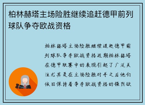 柏林赫塔主场险胜继续追赶德甲前列球队争夺欧战资格