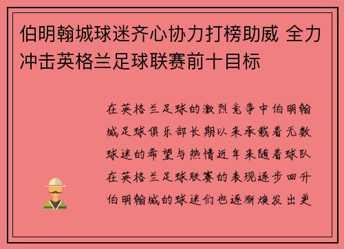 伯明翰城球迷齐心协力打榜助威 全力冲击英格兰足球联赛前十目标