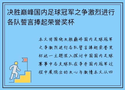 决胜巅峰国内足球冠军之争激烈进行各队誓言捧起荣誉奖杯